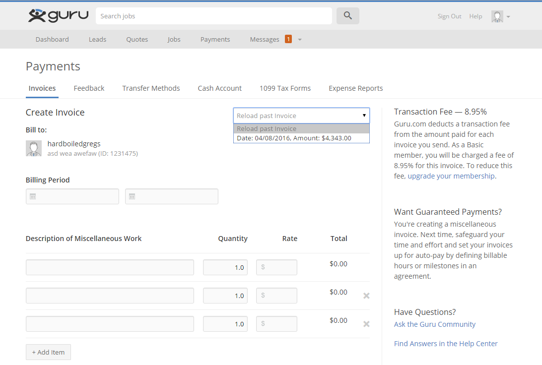 new feature: reload a miscellaneous invoice on guru.com